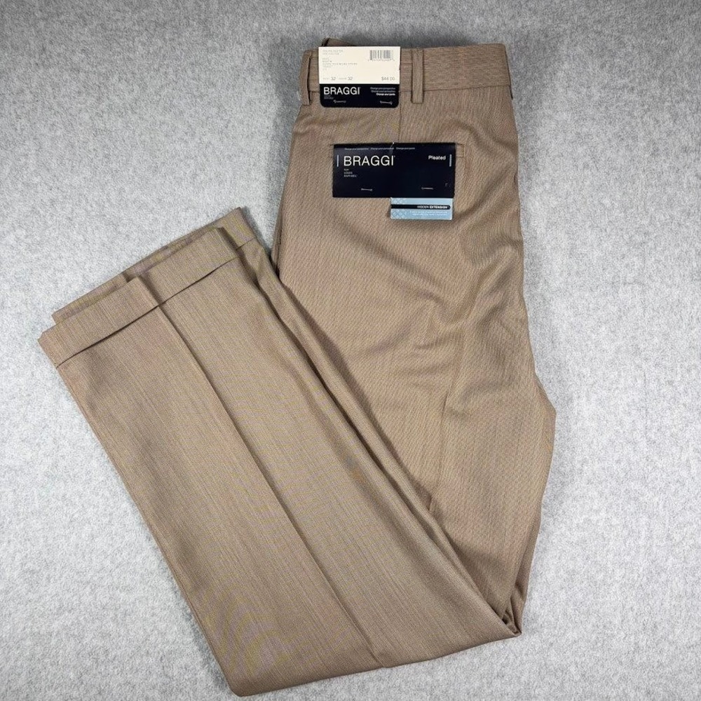 Braggi Dress Pants Mens 32x32 Tan Micro Stripe Pleated Cuffed NWT Martin